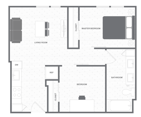 A floor plan of a small apartment with a living room, two bedrooms, a bathroom, and a kitchen.
